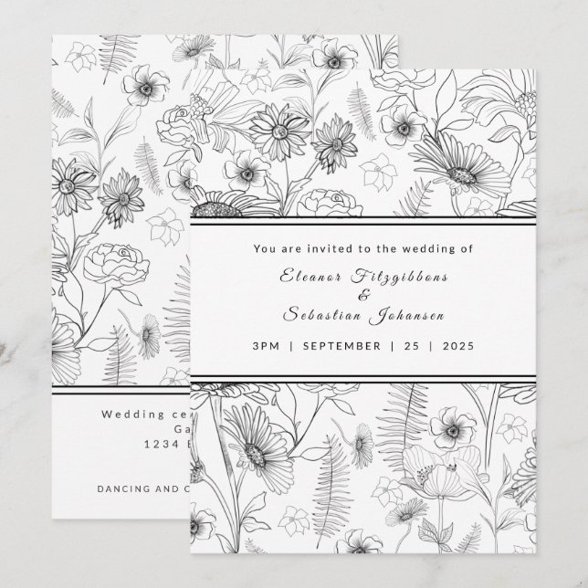 Black & white daisy flower roses pattern wedding invitation (Front/Back)