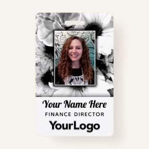Black & White Daisy Flowers Carnation Floral Photo ID Badge