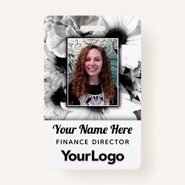 Black & White Daisy Flowers Carnation Floral Photo ID Badge (Front)