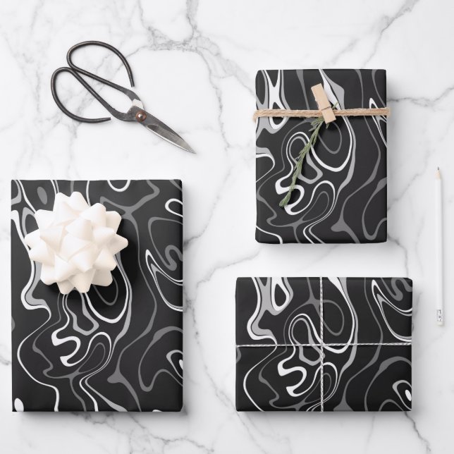Black white damascus abstract swirls cool pattern wrapping paper sheet (Front)