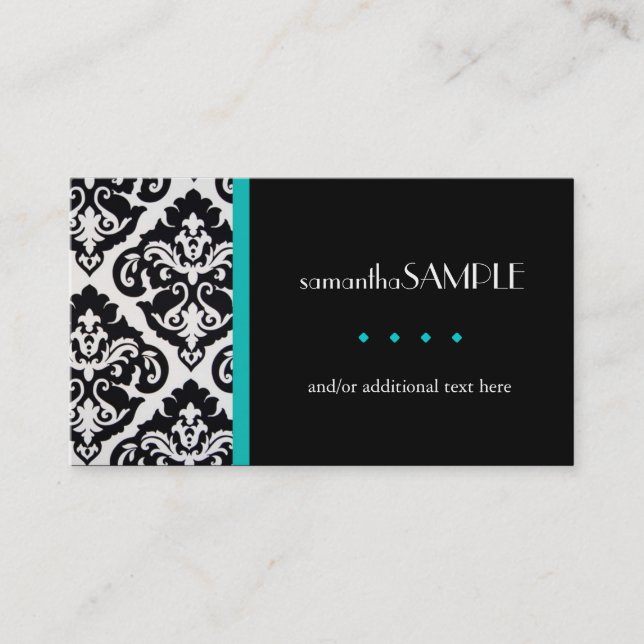 Black & White Damask, Aqua Teal Business Card (Front)