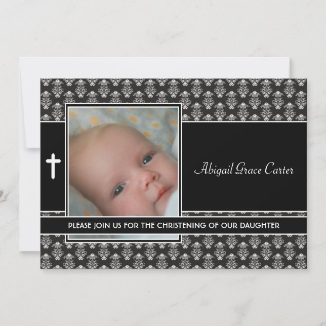 Black White Damask Baby Girl Photo Christening Invitation (Front)