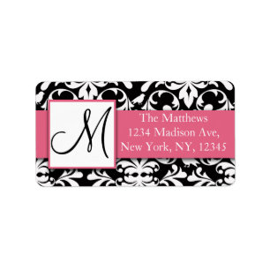 Black White Damask Birds Pink Address Label