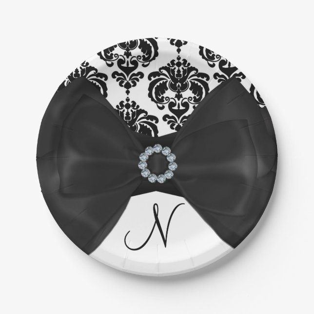 Black & White Damask Bling Bow Glam Sweet 16 Party Paper Plate (Front)