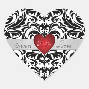 Black & White Damask Candy Buffet Heart Sticker