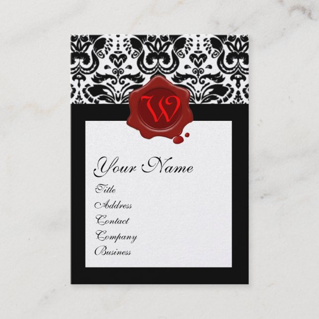 BLACK WHITE DAMASK CARNATIOS RED WAX SEAL MONOGRAM BUSINESS CARD (Front)