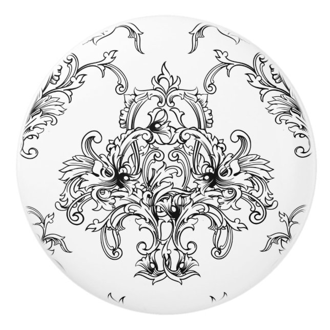 Black & White Damask Ceramic Knob (Front)