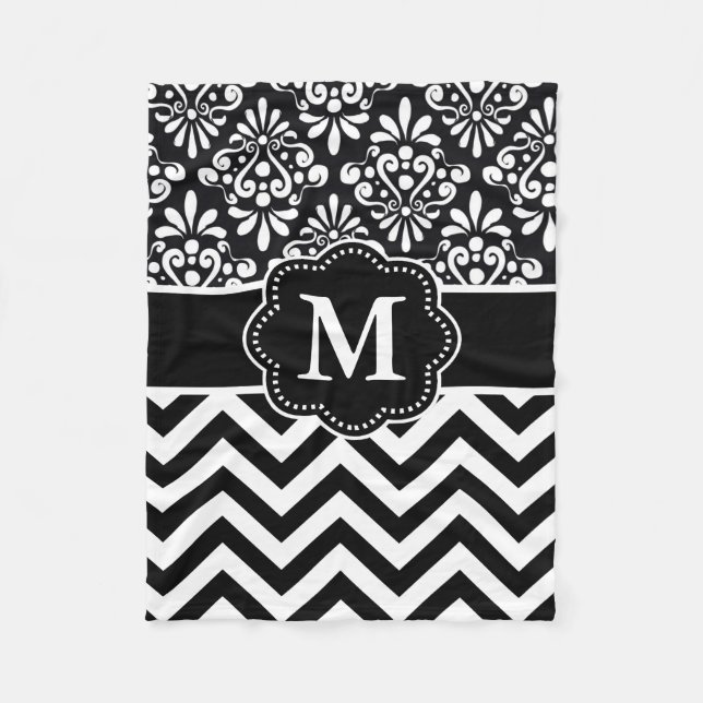 Black White Damask Chevron Monogram Blanket (Front)
