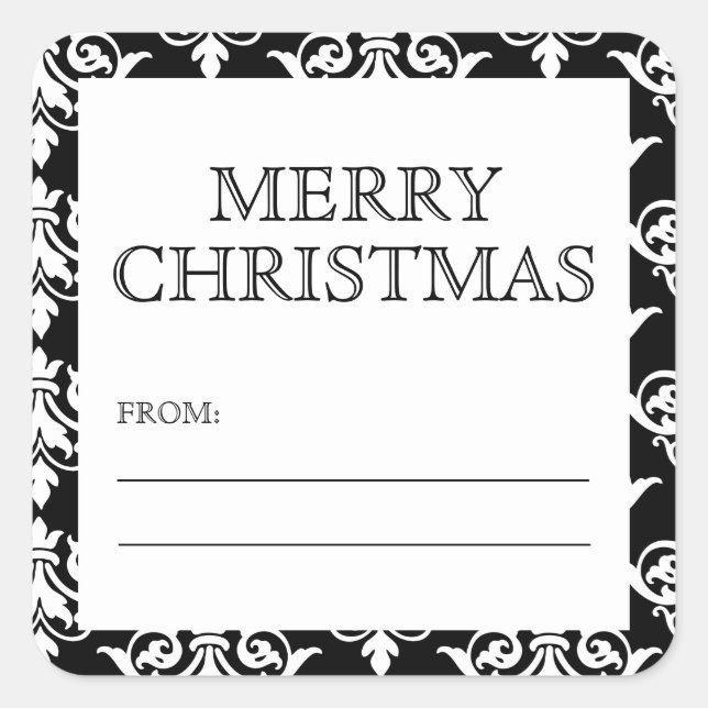 Black White Damask Christmas Gift Tag Sticker (Front)