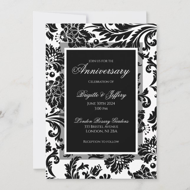 Black & white damask custom anniversary invitation (Front)