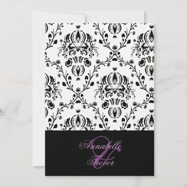 Black/white damask, custom wedding invitation (Front)