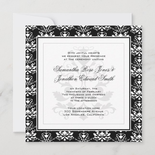 Black & White Damask Elegant Wedding Invitation (Front)