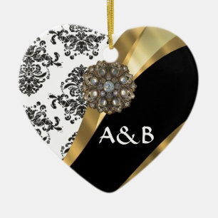 Black & white damask, faux jewel ceramic tree decoration