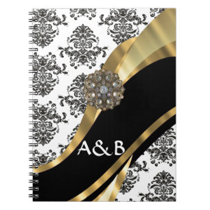Black & white damask, faux jewel notebook