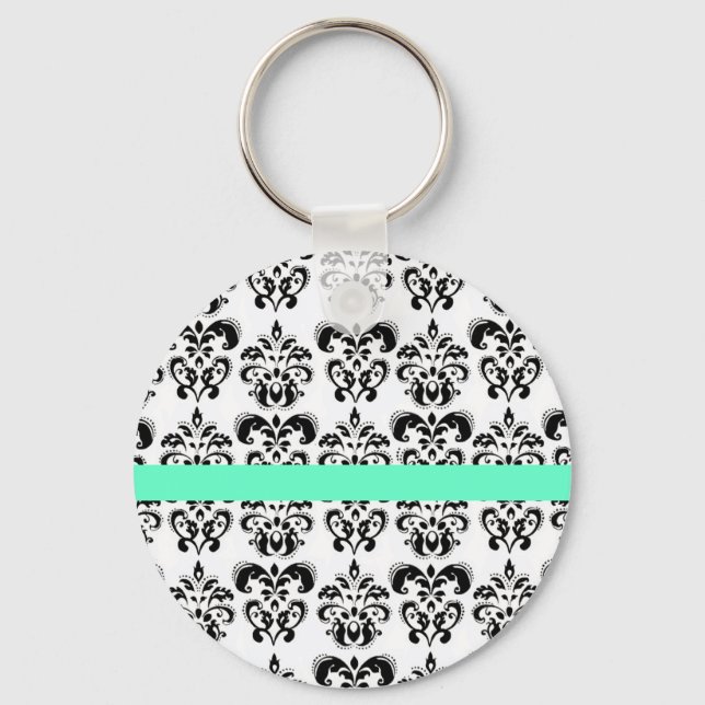 BLACK WHITE DAMASK FLORAL AQUA BLUE TEAL STRIPE KEY RING (Front)