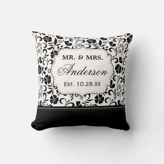 Black White Damask Floral Just Married Wedding Cushion (Front)