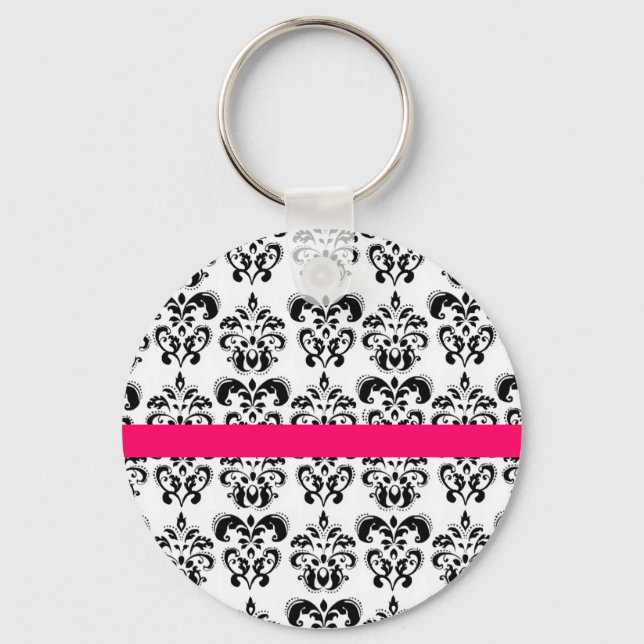 BLACK WHITE DAMASK FLORAL PINK FUCHSIA STRIPE KEY RING (Front)