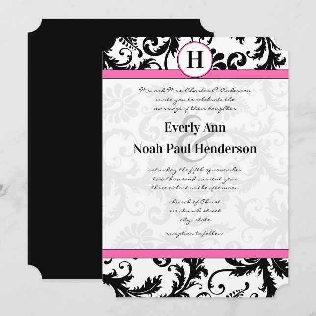 Black & White Damask Floral Pink Yarrow Trim Invitation (Front/Back)