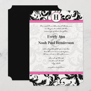 Black & White Damask Floral Pink Yarrow Trim Invitation