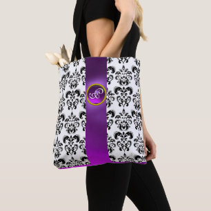 BLACK WHITE DAMASK FLORAL ,PURPLE GEM MONOGRAM TOTE BAG
