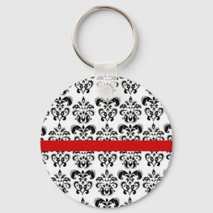 BLACK WHITE DAMASK FLORAL RED STRIPE KEY RING