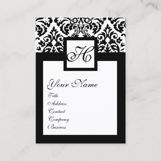 BLACK WHITE DAMASK FLORAL SQUARE MONOGRAM BUSINESS CARD (Front)