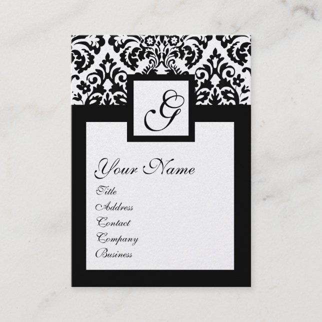 BLACK WHITE DAMASK FLORAL SQUARE MONOGRAM Metallic Business Card (Front)