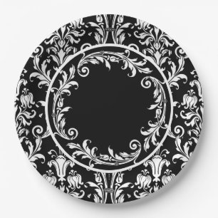 Black White Damask Floral Swirls Personalize Paper Plate