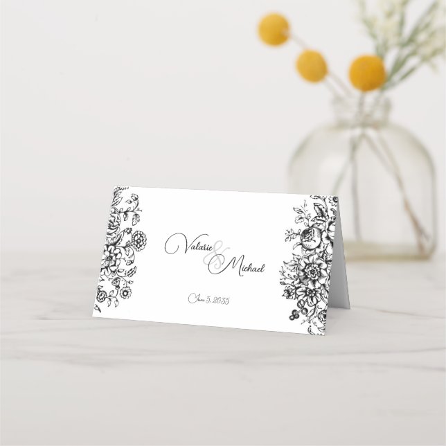 Black White Damask Floral Toile Place Card (Back)