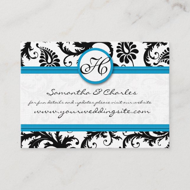 Black & White Damask Floral with Bright Aqua Trim Business Card (Front)