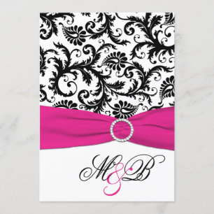 Black, White Damask Fuchsia PRINTED Ribbon Invitation