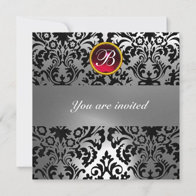 BLACK & WHITE DAMASK GEM STONE MONOGRAM red ruby Invitation (Front)