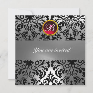 BLACK & WHITE DAMASK GEM STONE MONOGRAM red ruby Invitation