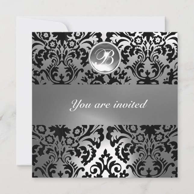 BLACK & WHITE DAMASK GEM STONE MONOGRAMcrystal Invitation (Front)