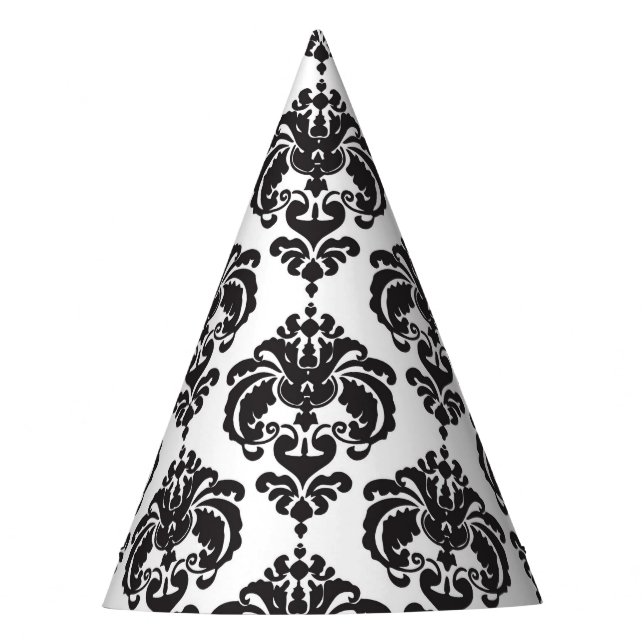 Black White Damask Glamour Girl Birthday Party Hat (Front)