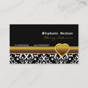 Black white damask gold heart business card
