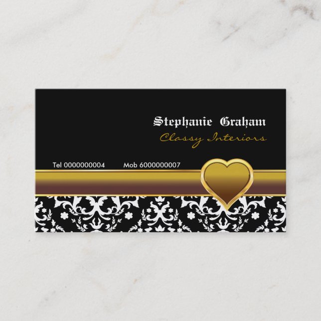 Black white damask gold heart business card (Front)