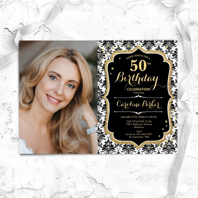 Black White Damask Gold Photo 50th Birthday Invitation (Creator Uploaded)
