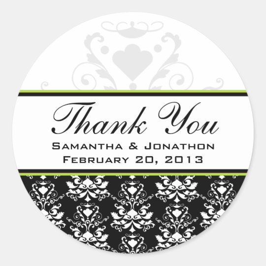Black & White Damask Green Accent Wedding Labels