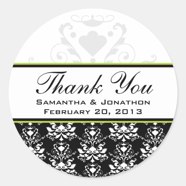 Black & White Damask Green Accent Wedding Labels (Front)