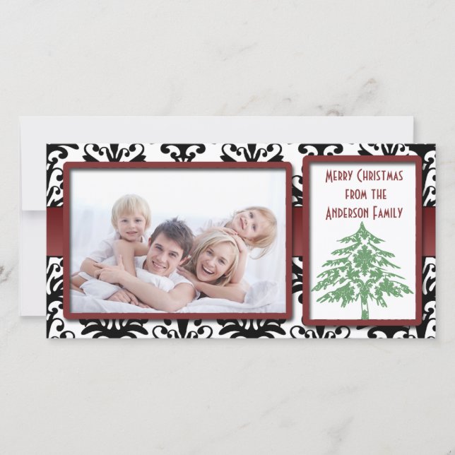 Black & White Damask Green Damask Tree Photo Cards (Front)