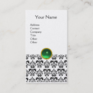 BLACK WHITE DAMASK GREEN GEMSTONE  MONOGRAM pearl Business Card