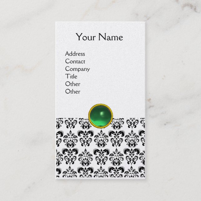 BLACK WHITE DAMASK GREEN GEMSTONE  MONOGRAM pearl Business Card (Front)