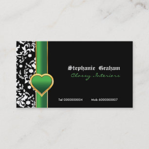 Black white damask green heart business card
