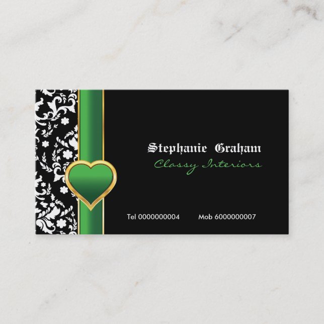 Black white damask green heart business card (Front)