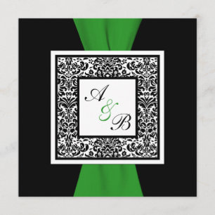 Black, White Damask Green PRINTED RIBBON Invitation