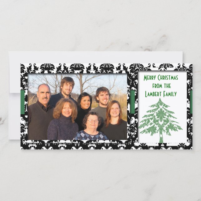Black & White Damask Green Tree Merry Christmas Holiday Card (Front)