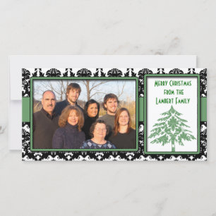 Black & White Damask Green Tree Merry Christmas Holiday Card