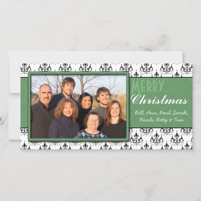 Black & White Damask Green Trim Merry Christmas Holiday Card (Front)