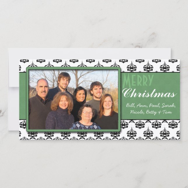 Black & White Damask Green Trim Merry Christmas Holiday Card (Front)